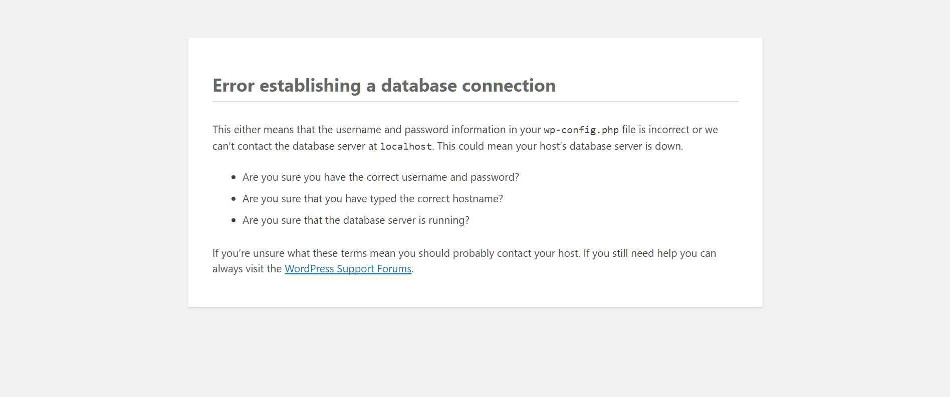 Image of a web page showing an WordPress database connection error